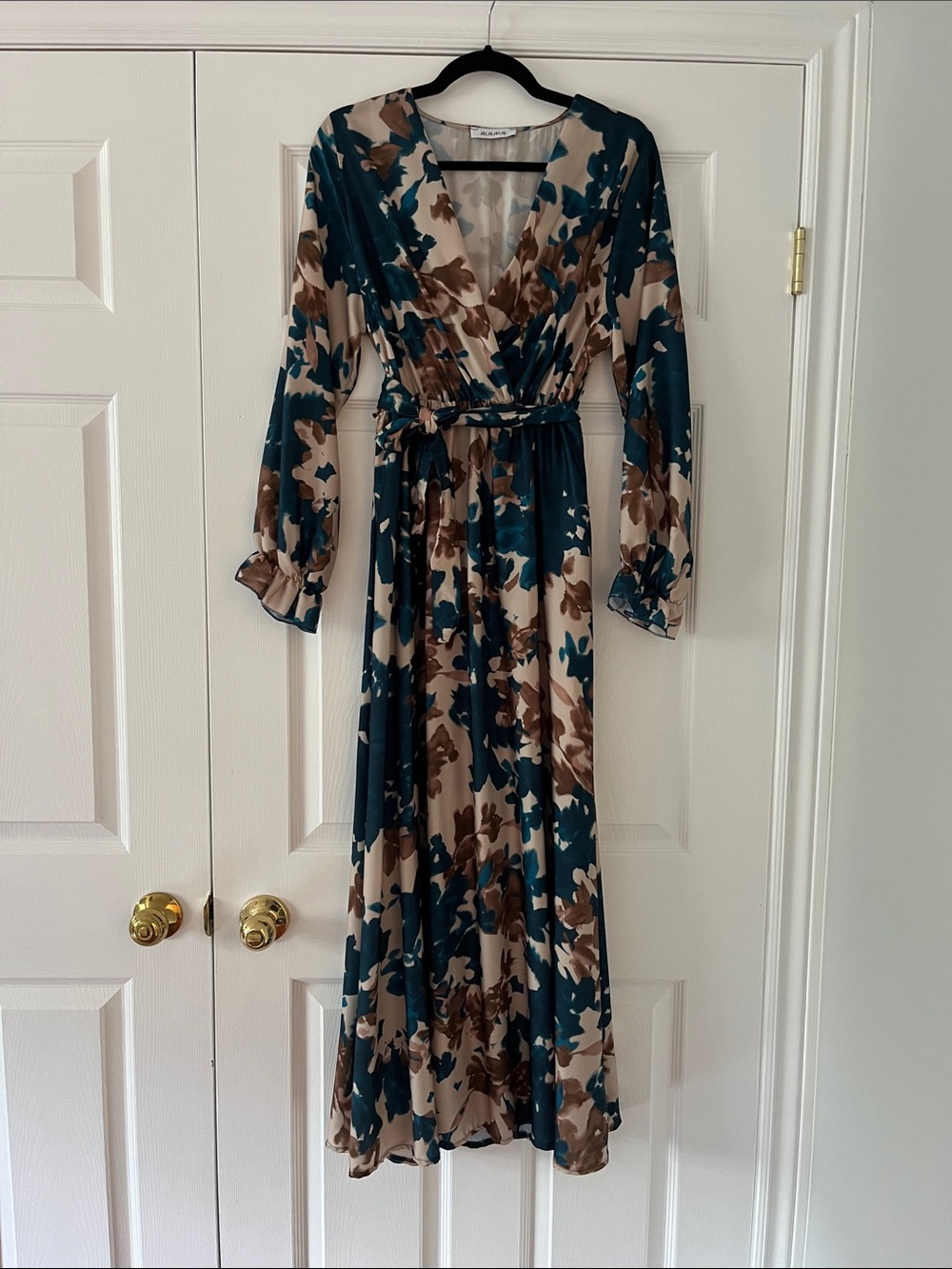 Teal and Brown Floral Wrap Maxi Dress with Tie Waist Medium